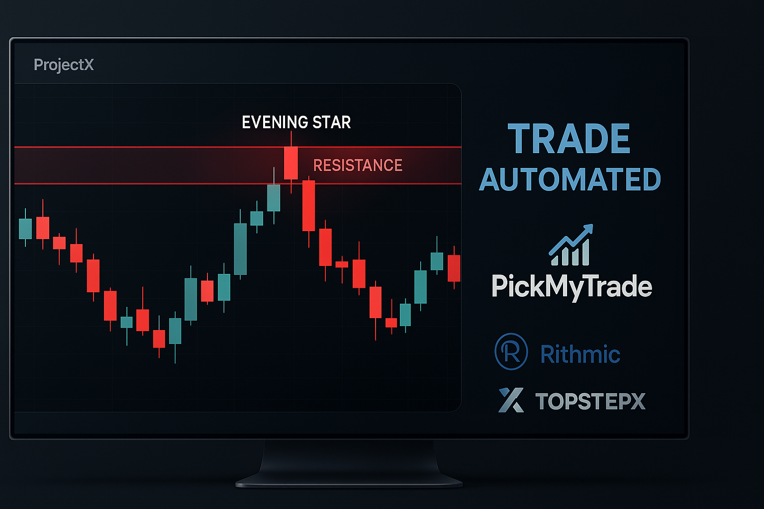 Evening Star candlestick pattern forming at resistance zone on ProjectX chart with automated trading execution via PickMyTrade, Rithmic, and TopstepX.