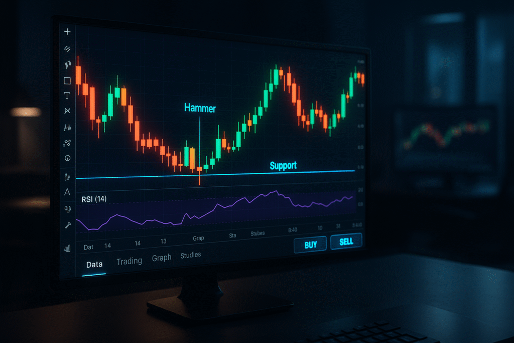 TradeStation auto trading strategy using RSI and hammer candlestick at support