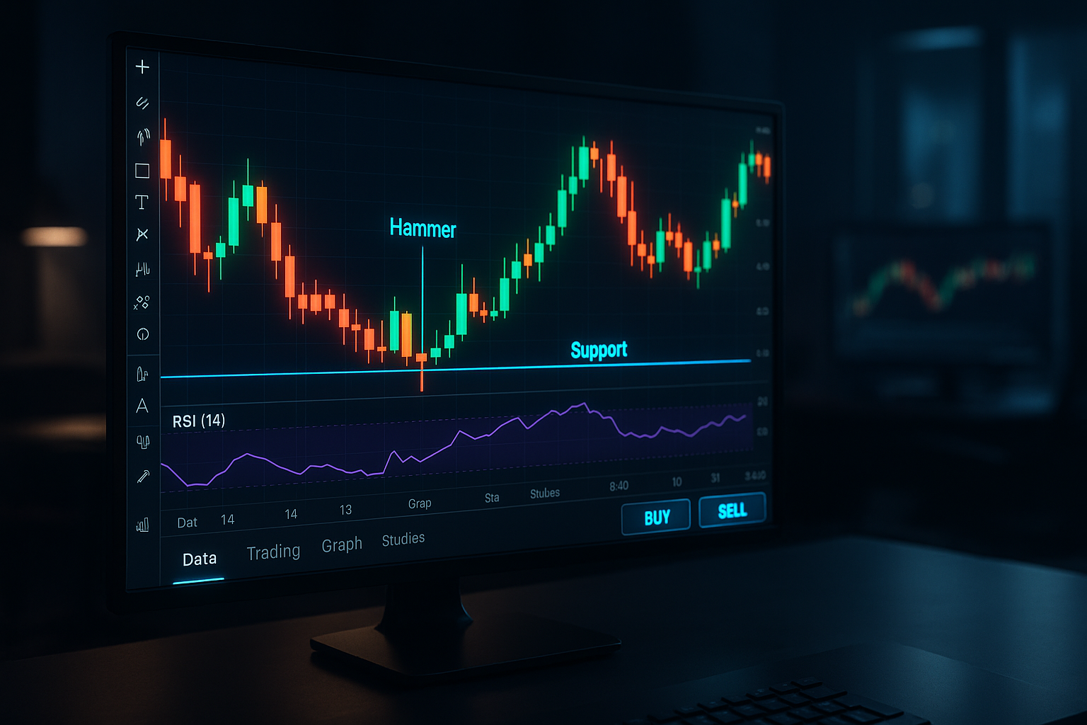 TradeStation auto trading strategy using RSI and hammer candlestick at support