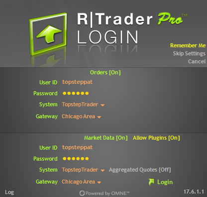 R|Trader Pro login screen - connecting Topstep with Rithmic