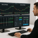 A trader using an automated options trading platform with a chart comparing ITM and OTM options strategies on TradeStation.