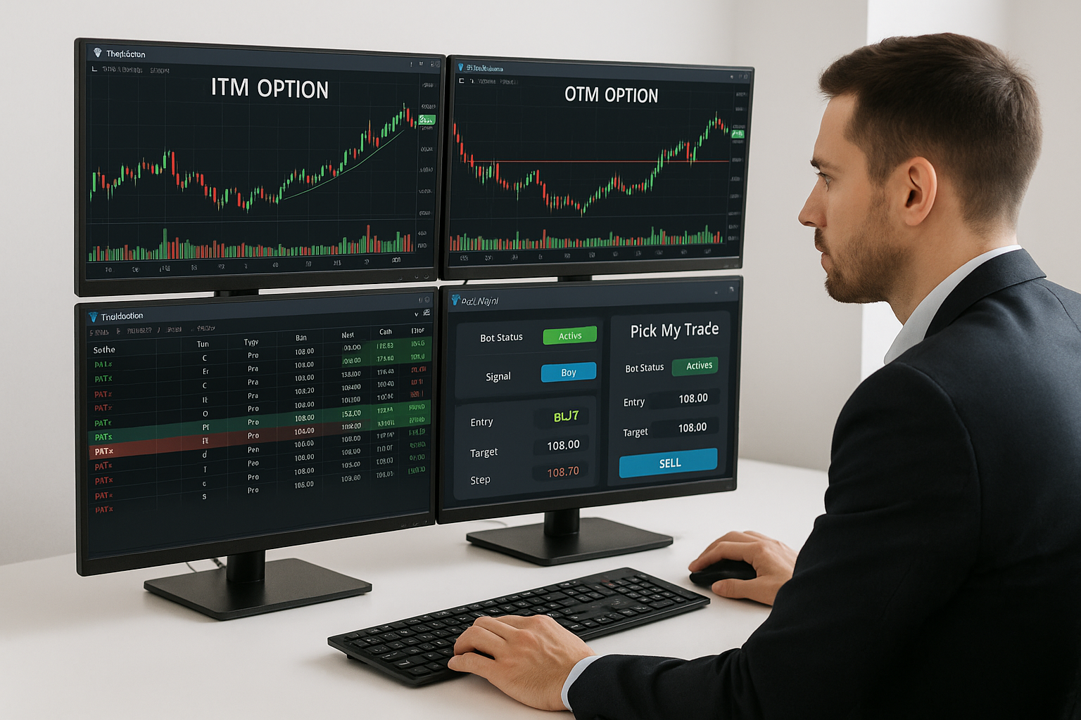 A trader using an automated options trading platform with a chart comparing ITM and OTM options strategies on TradeStation.