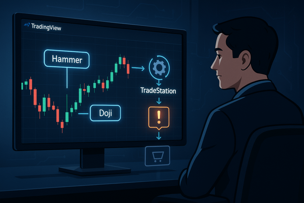 TradingView chart highlighting Hammer and Doji candlestick patterns with automated trade execution to Tradestation automation.