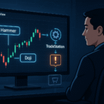 TradingView chart highlighting Hammer and Doji candlestick patterns with automated trade execution to Tradestation automation.