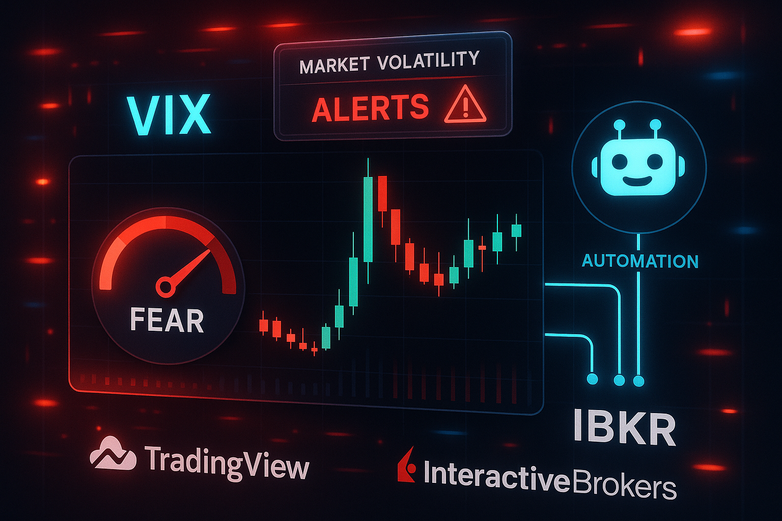 VIX index chart showing high volatility with automated trading bot executing trades on Interactive Brokers (IBKR) via TradingView alerts.