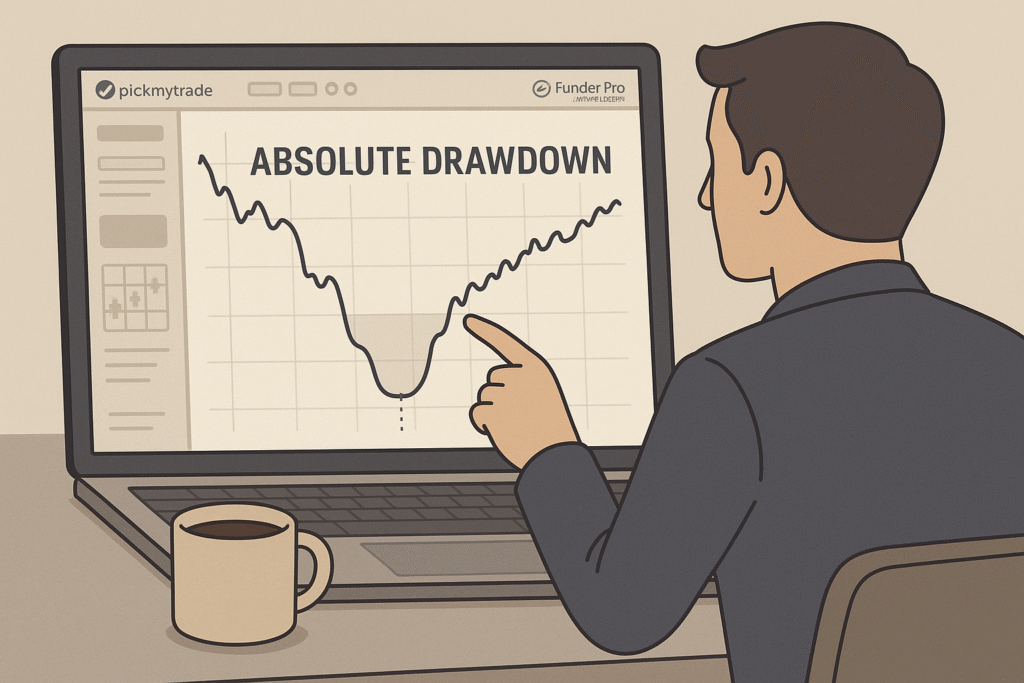 Trader examining absolute drawdown dip on a trading chart using a laptop for FunderPro Automation