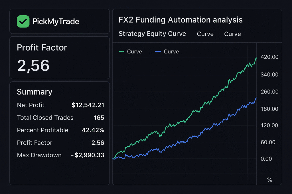FX2 funding strategy tester showing profit factor calculation in TradingView interface.